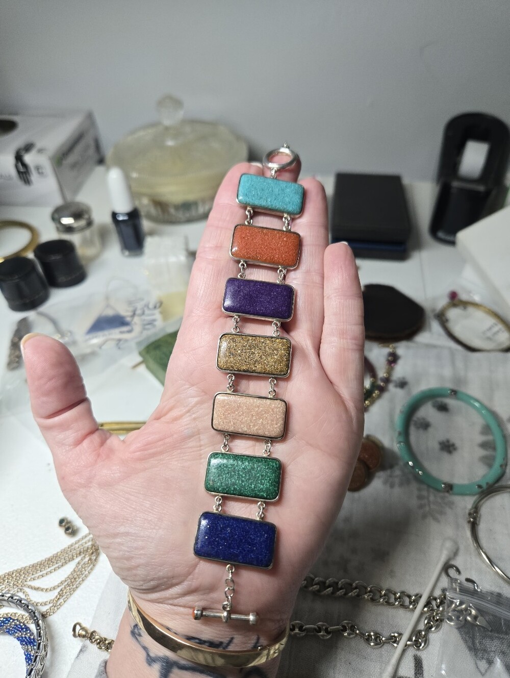 Sterling Silver Multicolor Rectangular Stone Link Bracelet - Women Jewelry